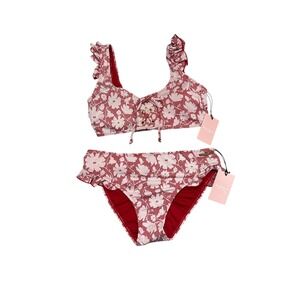 NWT Juicy Couture "Lollipop Red" Floral Ruffle Lace-Up‎ Bikini Set XL
